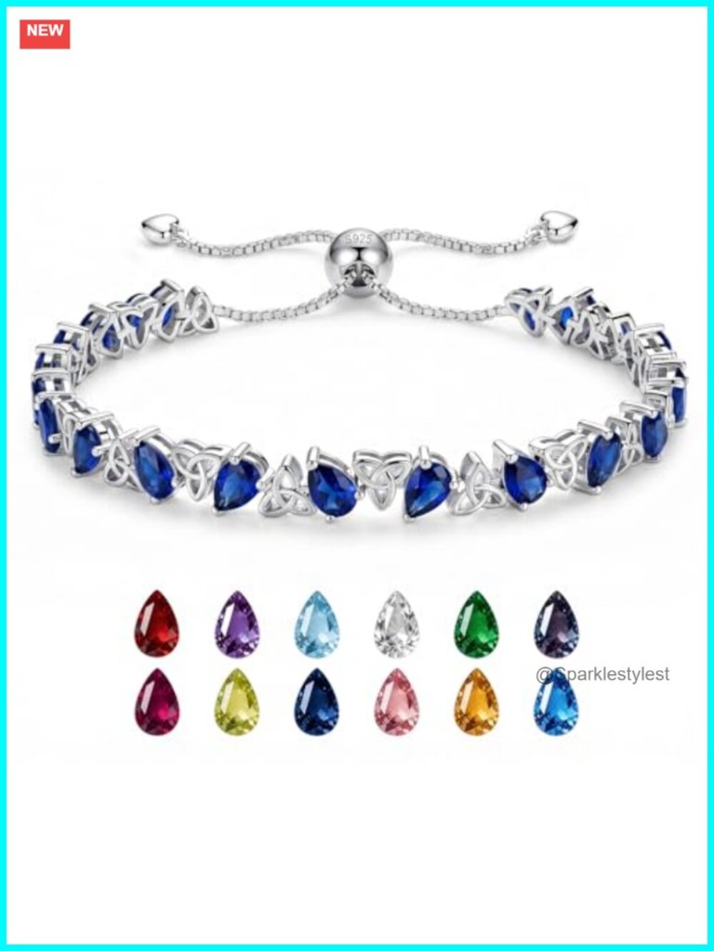 925 Silver Tennis Bracelet Pear Cut Adjustable Bolo 8.5cttw Celtic Knot